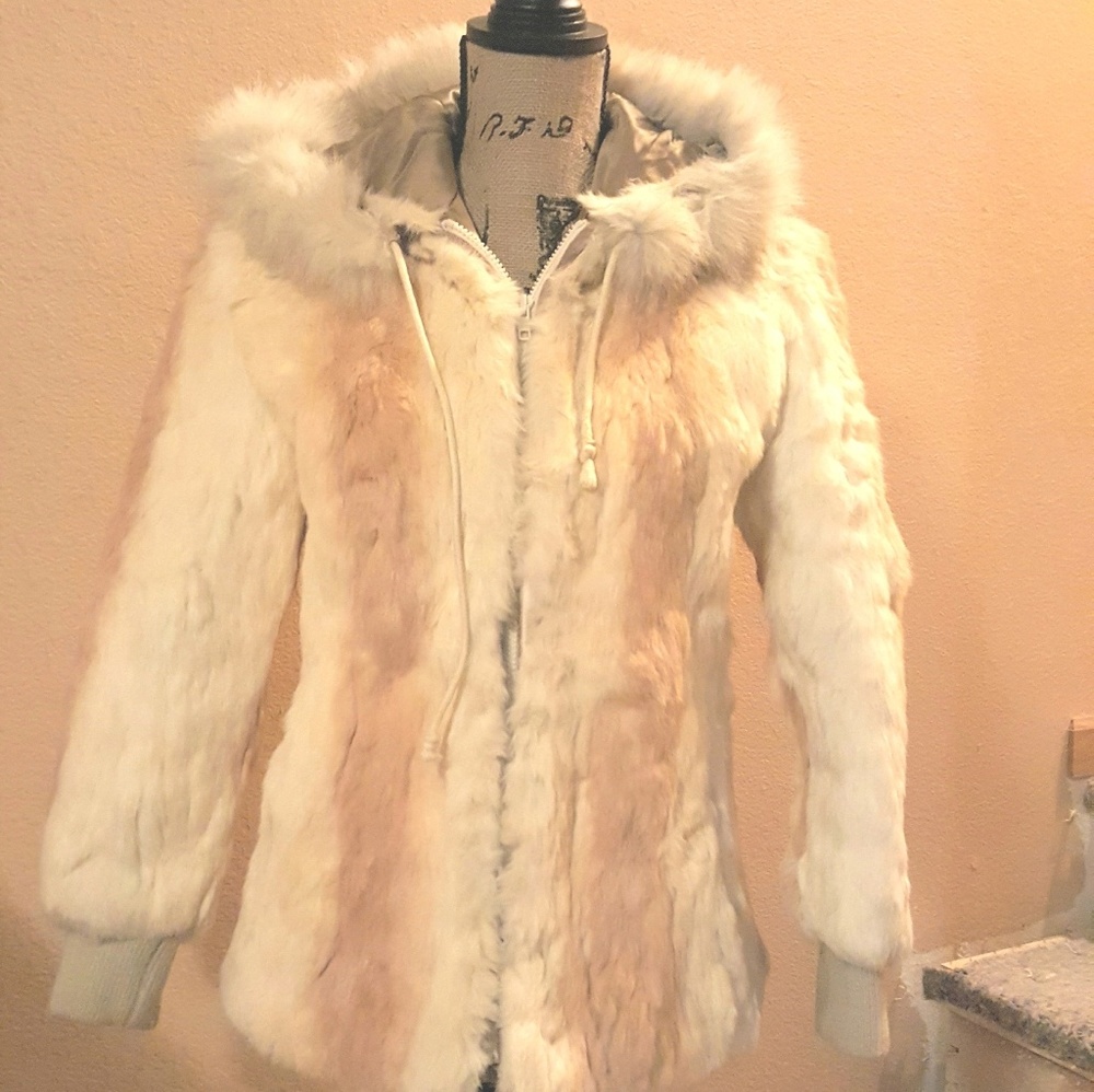 Vintage rabbit fur hooded coat w/coco silk lining